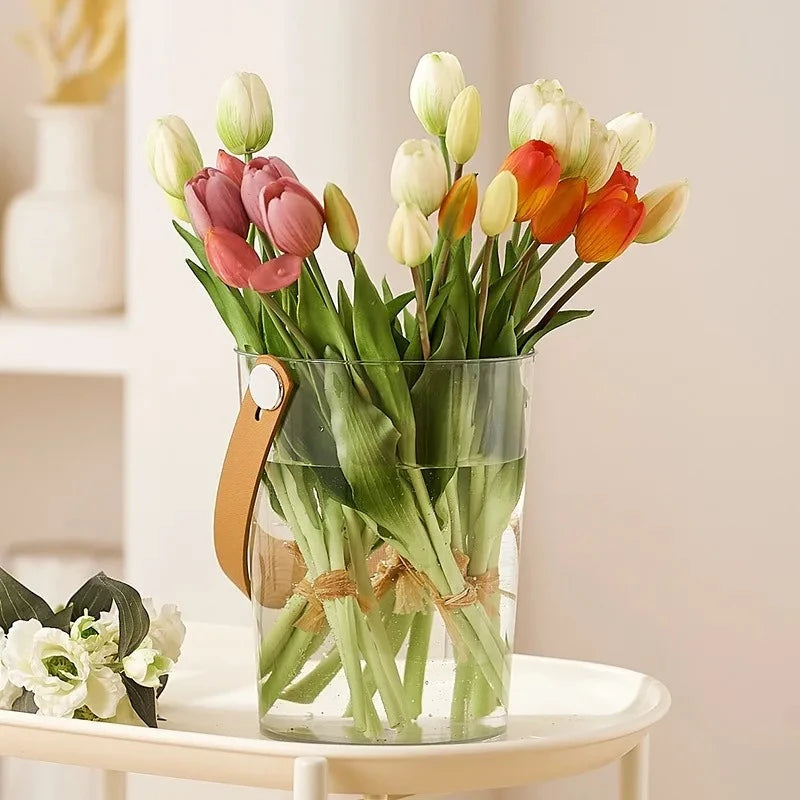 Clear Acrylic Cylinder Vase with tulips inside