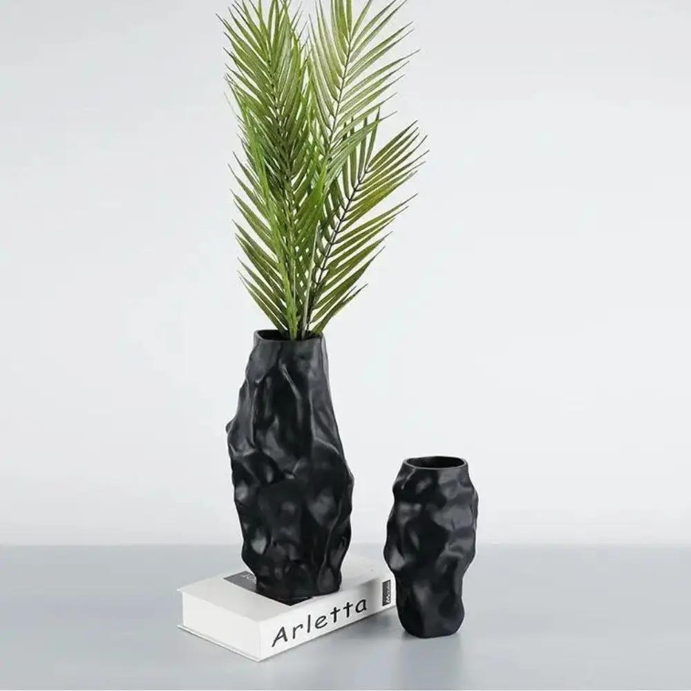 two Black Textured Vases with Fern inside