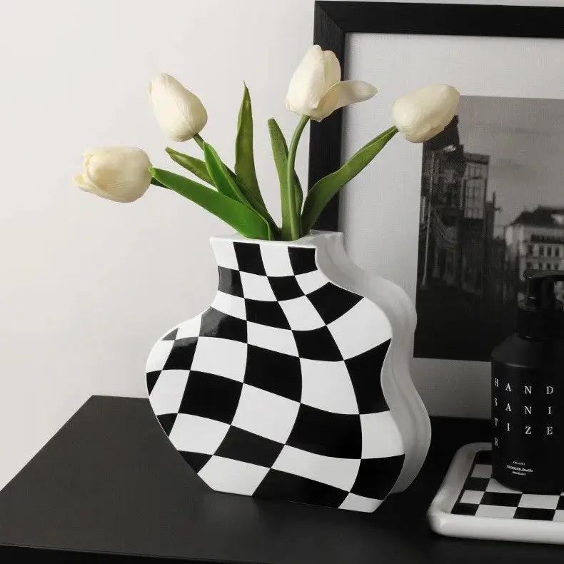 Black and White Vase in Small With Flowers Inside