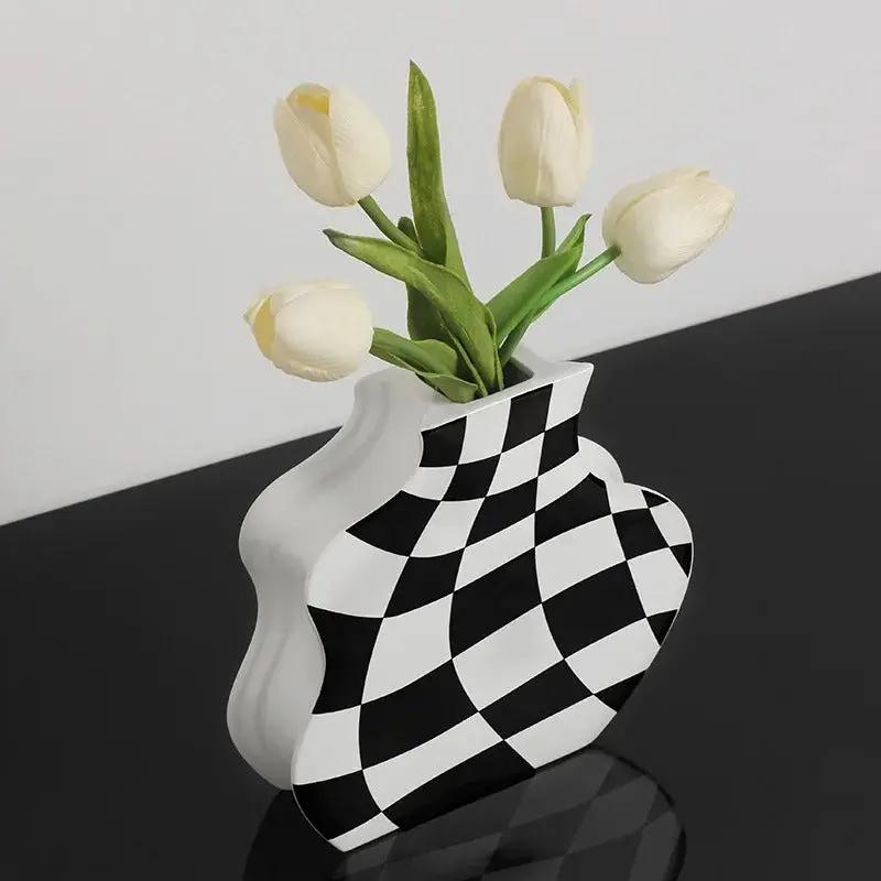 Black and White Vase in Small With Flowers Inside