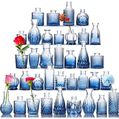 Thirty six Blue Small Vases on a white background