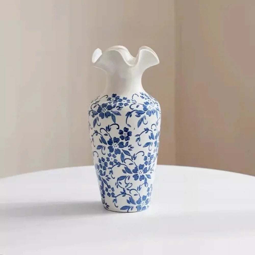 Large Blue and White Vase on a white surface