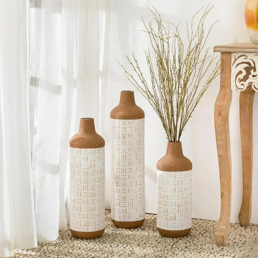 Boho Floor Vases on a beige carpet next to a table