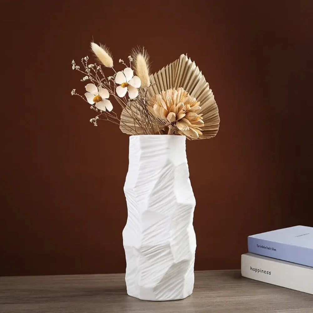 Ceramic Stone Vase with brown decoration inside on a brown table