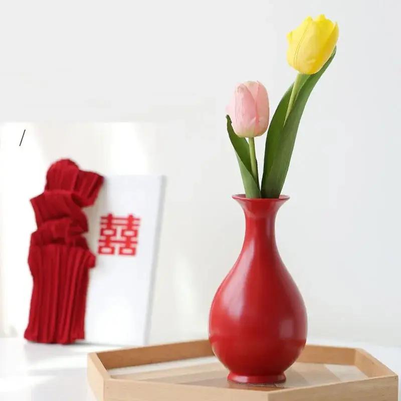 Chinese Red Vase With Tulips Inside