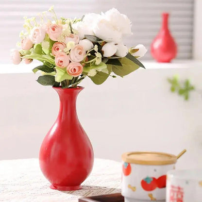 Chinese Red Vase With Roses And Tulips Inside