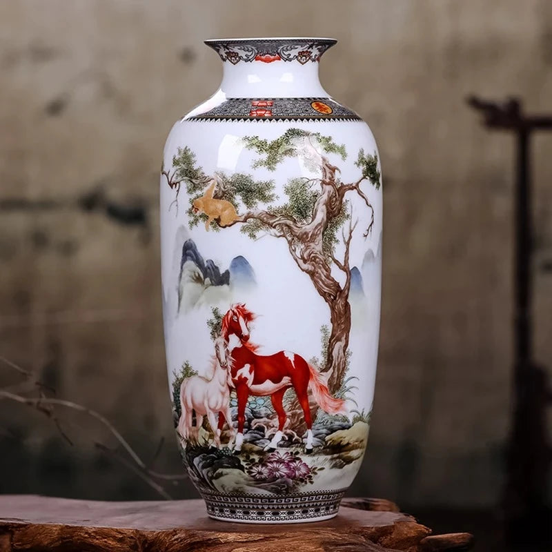 Chinese Vase with a red horse motif standing on a piece of wood