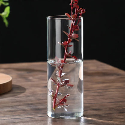 Large Clear Cylinder Vase with a red plant inside on a wooden table