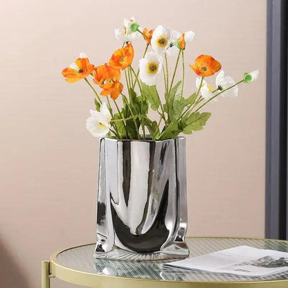 Flower Silver Vase Orange and White Flowers Inside