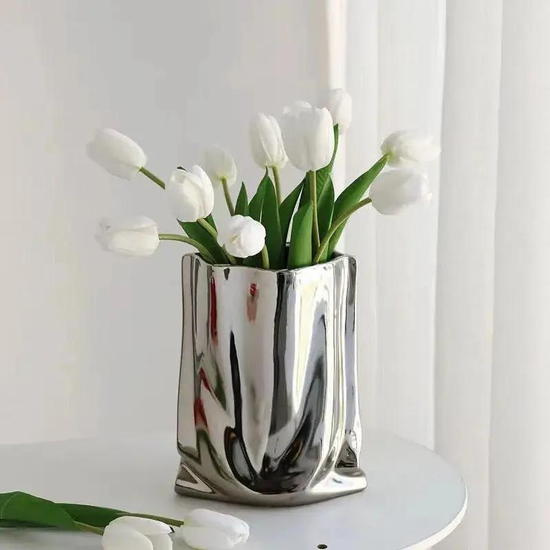 Flower Silver Vase With White Flowers Inside