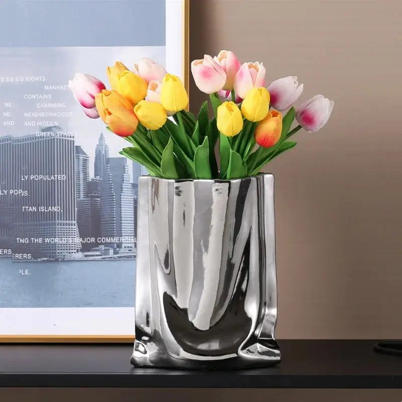 Flower Silver Vase With Yellow Flowers Inside