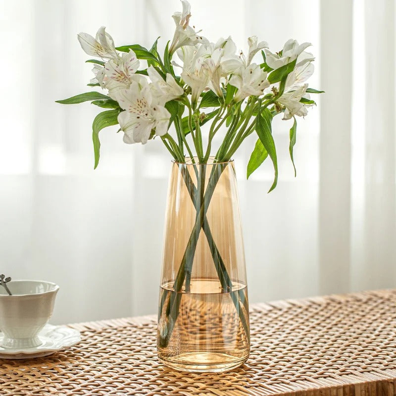 Amber Glass Bud Vase With Flowers inside