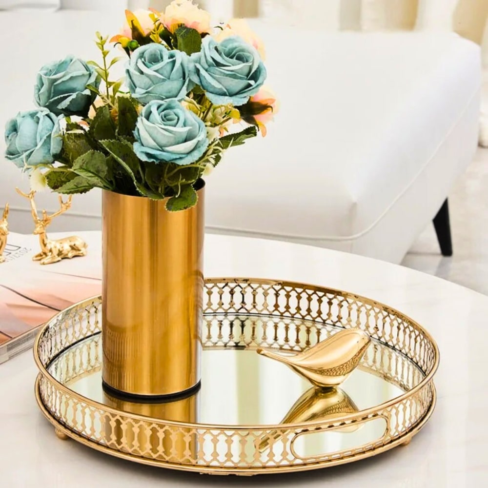 Gold Cylinder Vase on a tray with decorative elements