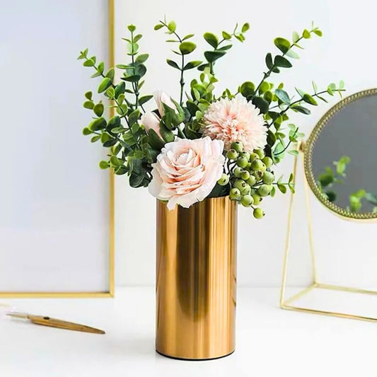 Gold Cylinder Vase With Flowers Inside