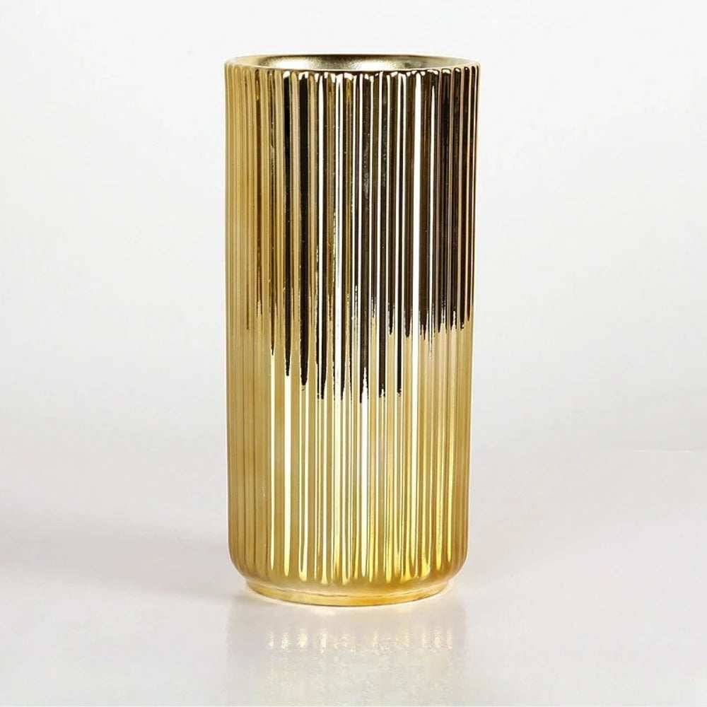 Large Cylinder Gold Vase on a white surface