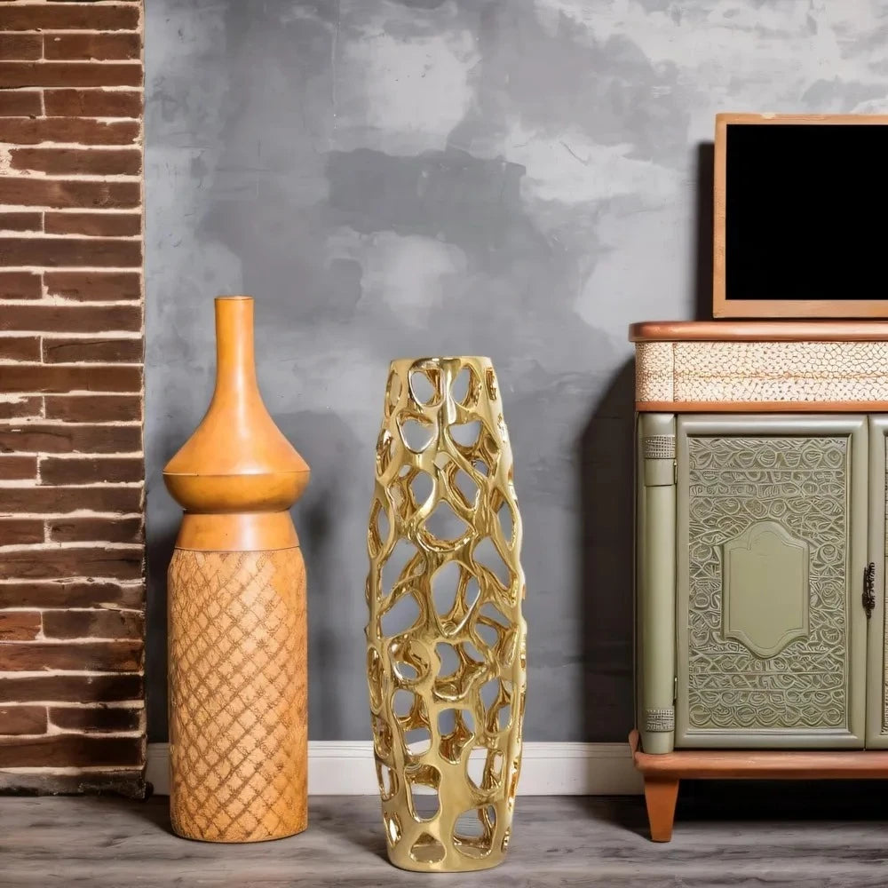 Gold Floor Vase next to a dresser and another vase