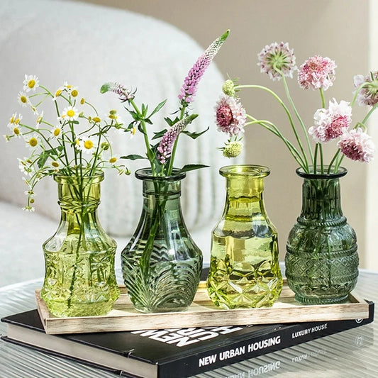 Four Green Small Vases on a wooden tray