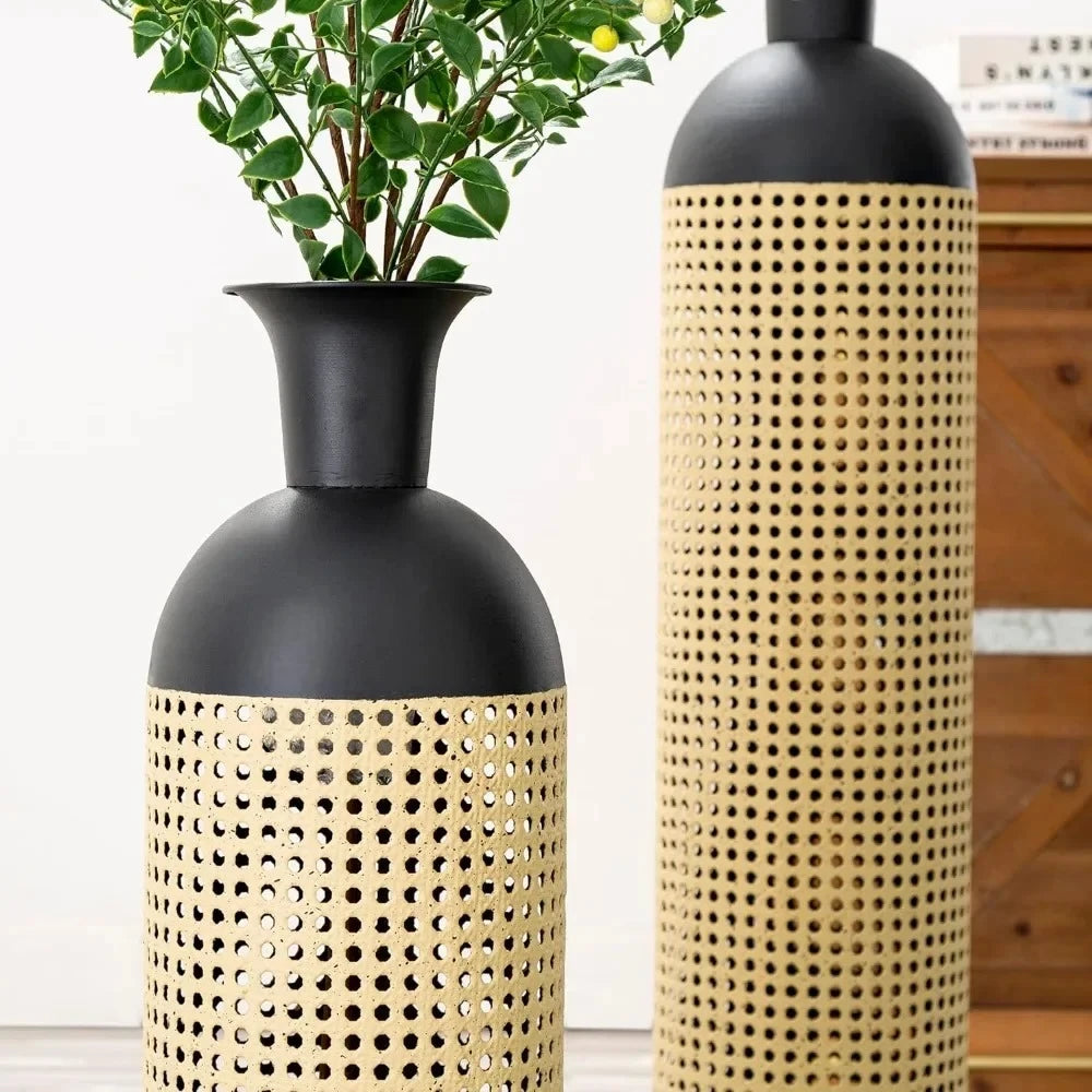 Two Metal Floor Vases with greenery inside