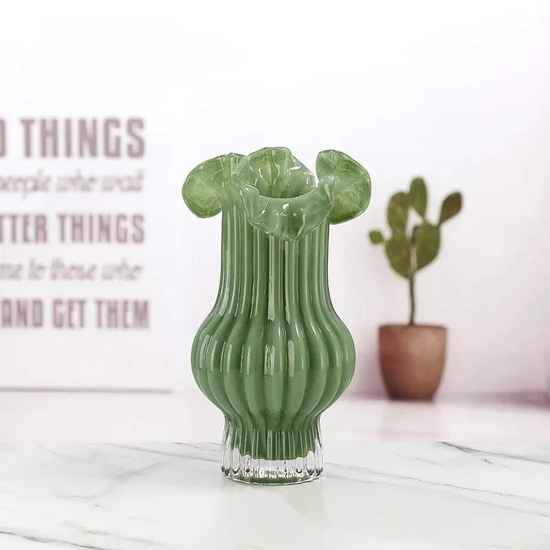 Green Milk Glass Bud Vase on a marble white suface