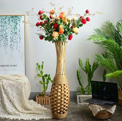 Oriental Floor Vase in a farmhouse decorated room next to a laptop and greenery