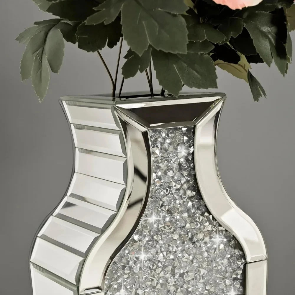 Details of a Silver Floor Vase with greenery inside