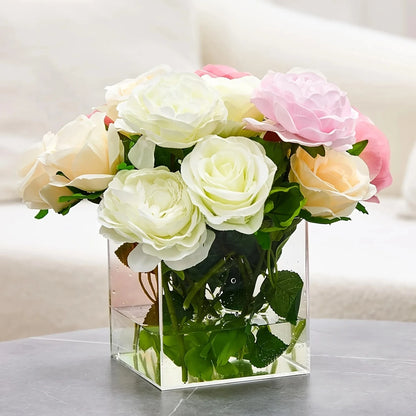 Square Plastic Vase on a gray table with roses inside