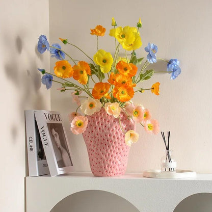 Large Strawberry Vase Pink With Flowers Inside 