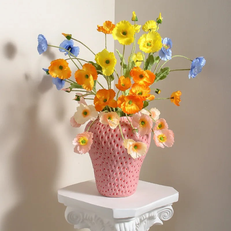 Large Strawberry Vase Pink With Flowers Inside