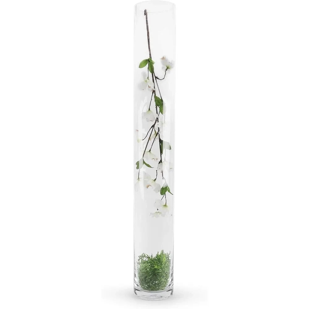 Tall Cylinder Vase with flowers inside on a white background