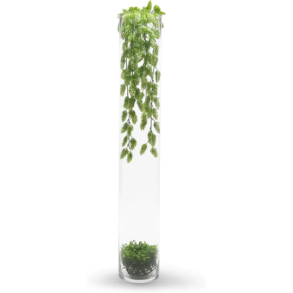 Tall Cylinder Vase with greenery inside on a white background