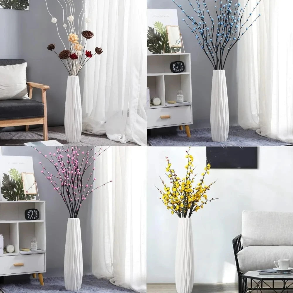 Different angles of a White Floor Vase in use in different environments