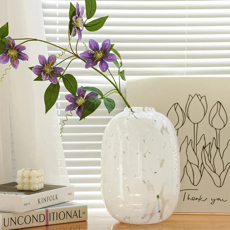 Medium White Glass Vase on a bamboo table next to books