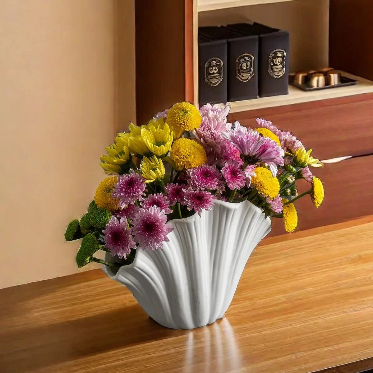 White Rose Vase with flowers inside on a wooden shelf