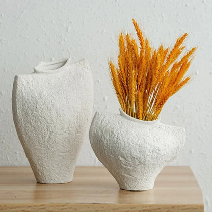 Two White Textured Vases with orange decoration inside