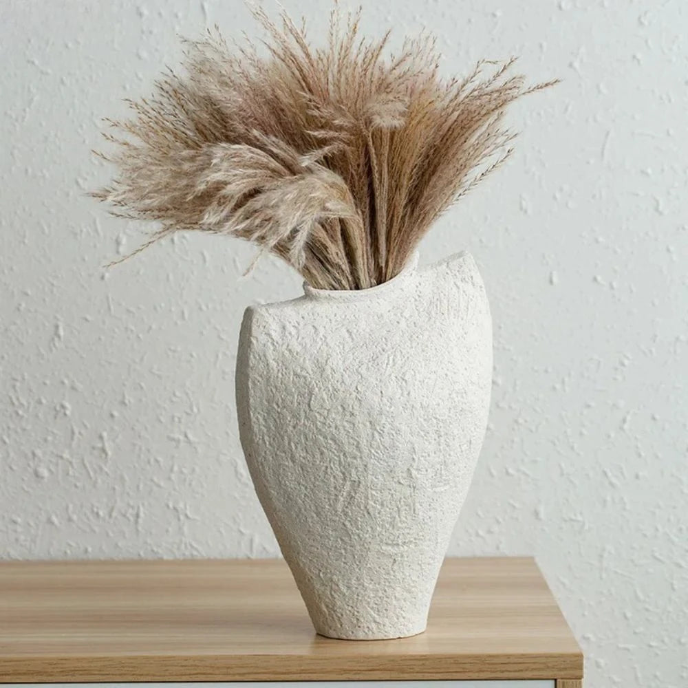 Large White Textured Vase with brown decoration inside