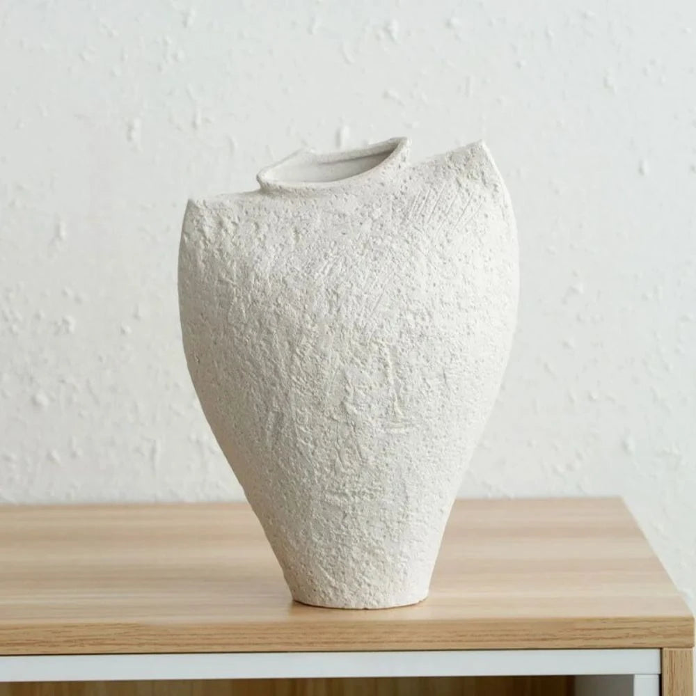 Large White Textured Vase on a wooden shelf