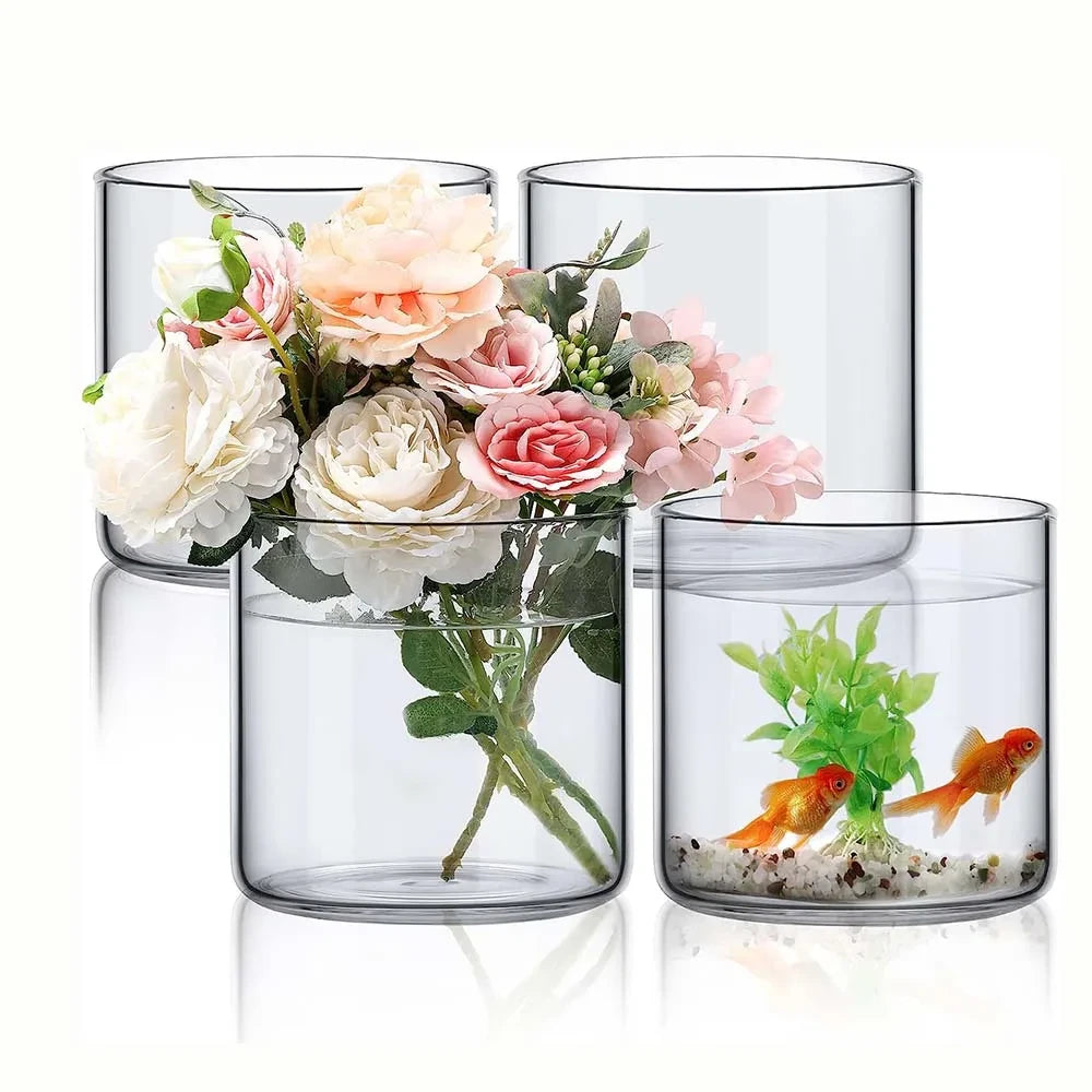 Wide Glass Cylinder Vases with flowers inside on a white background